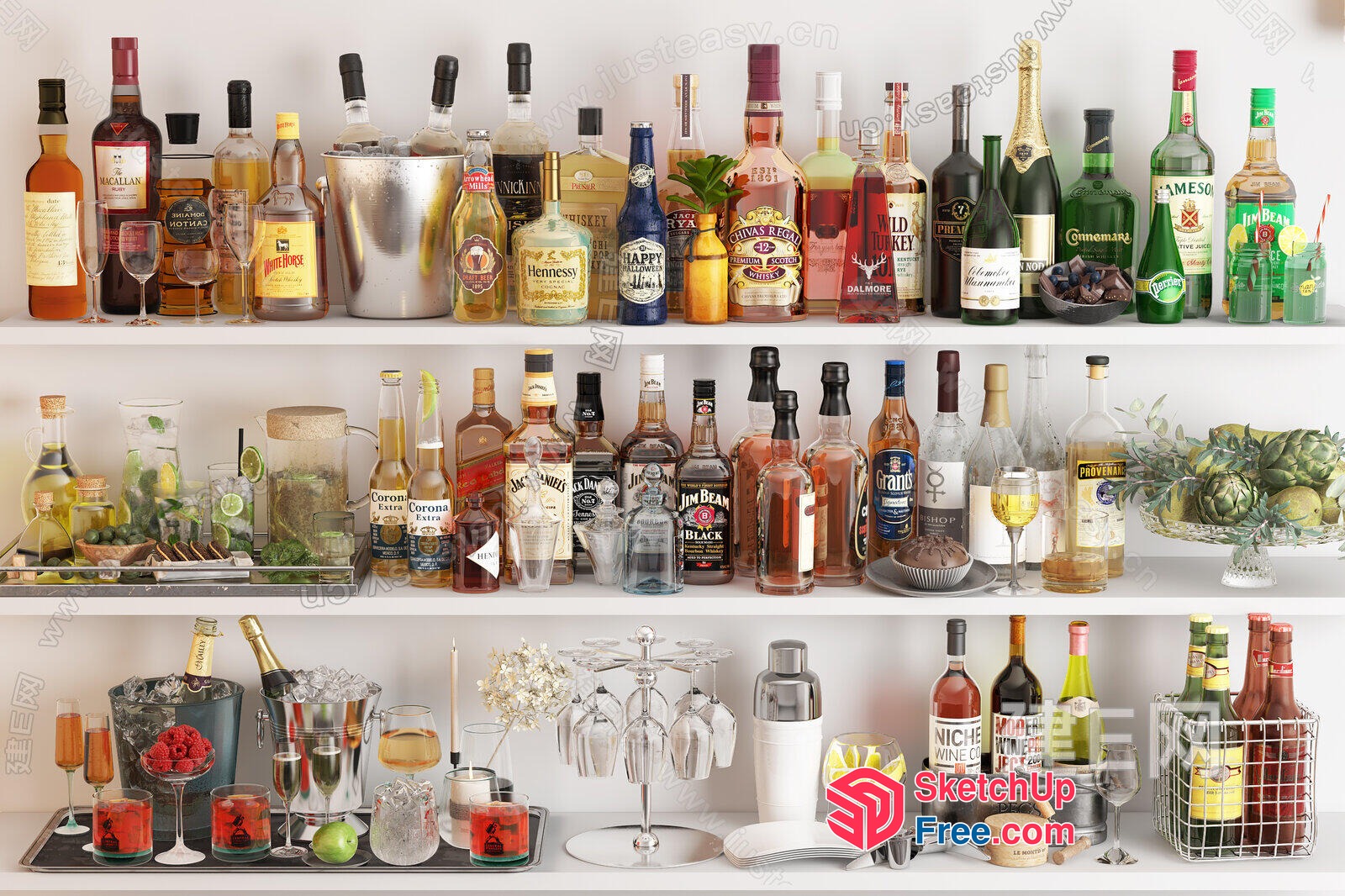 Elegant Bar Setup With Assorted Drinks And Glassware 3D SketchUp File