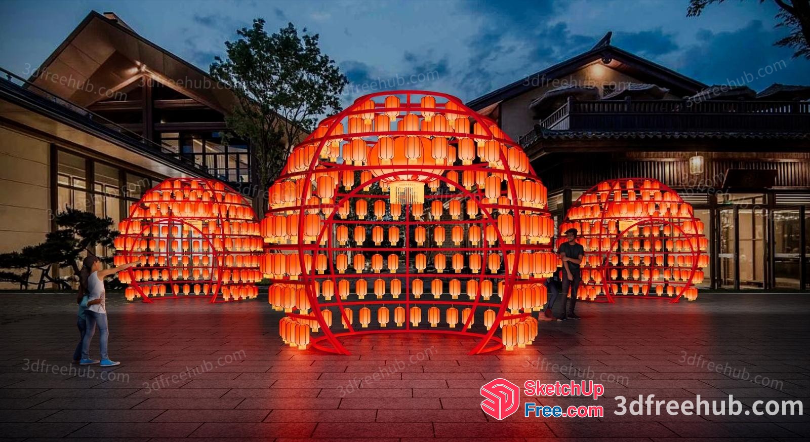 Vibrant Orange Lanterns Illuminating Night Market 3D SketchUp File