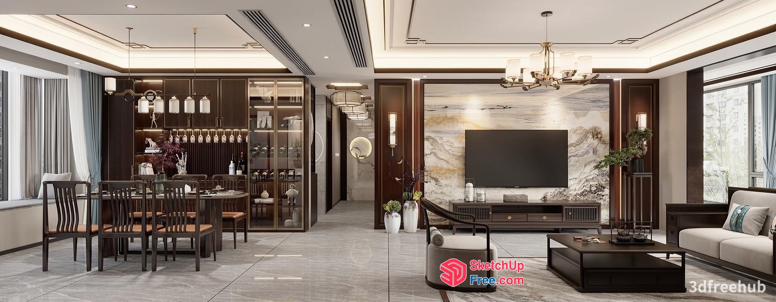 Luxurious Modern Living Room With Dining Area 3D SketchUp File