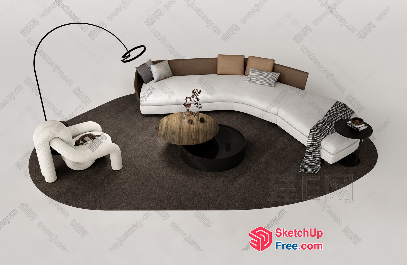 Modern Living Room With Curved Sofa And Coffee Tables 3D SketchUp File