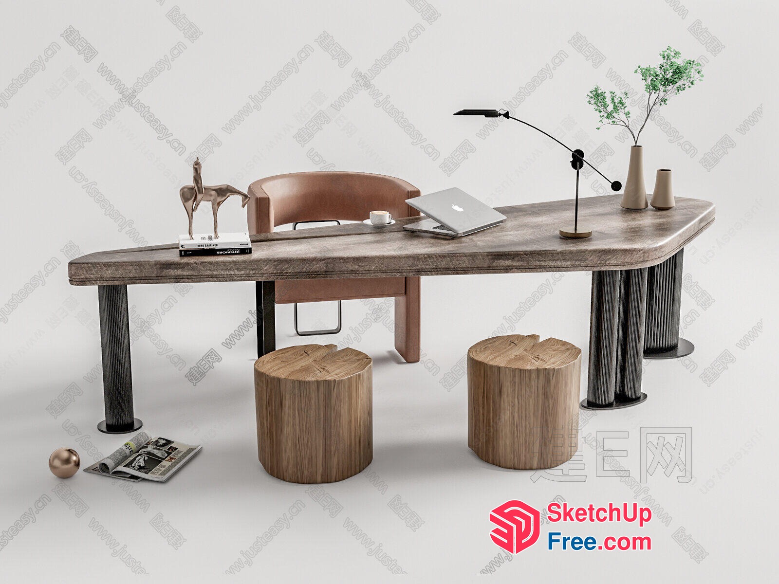 Modern Office Furniture Set With Natural Wood Accents 3D SketchUp File