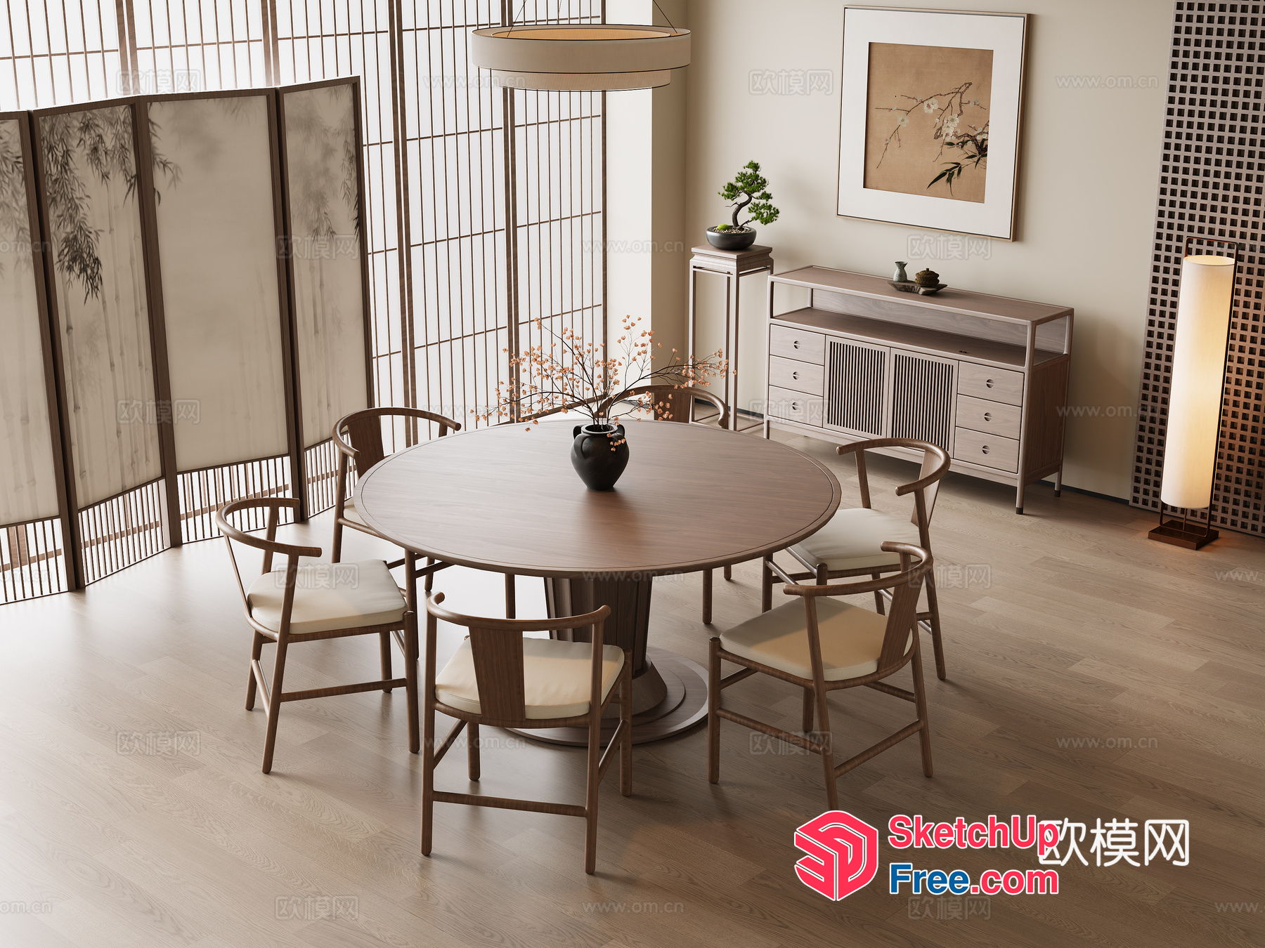 Asian-Inspired Round Dining Table With Natural Wood Chairs 3D SketchUp File
