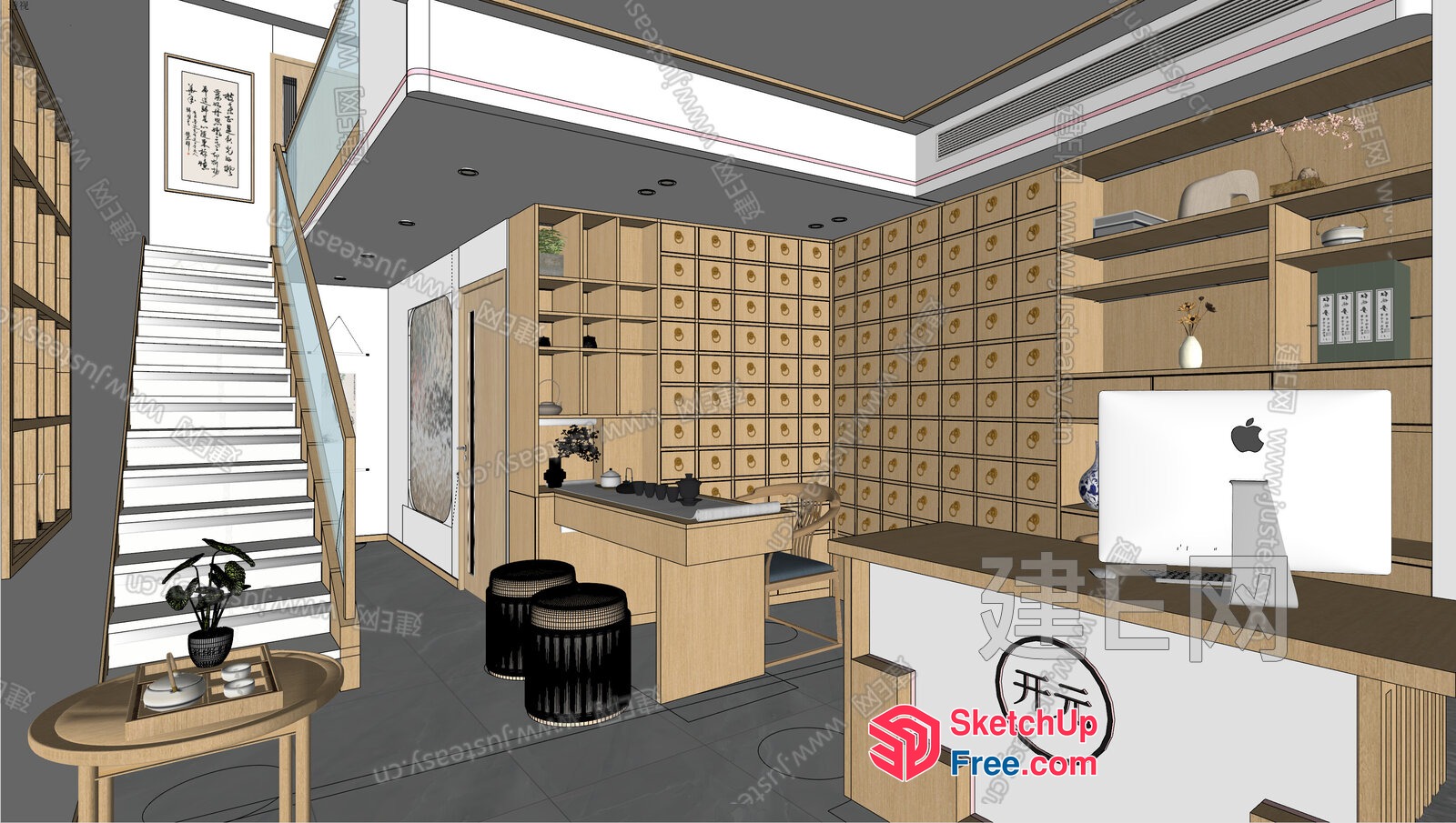 Modern Asian-Inspired Office Space With Stairs And Desk 3D SketchUp File