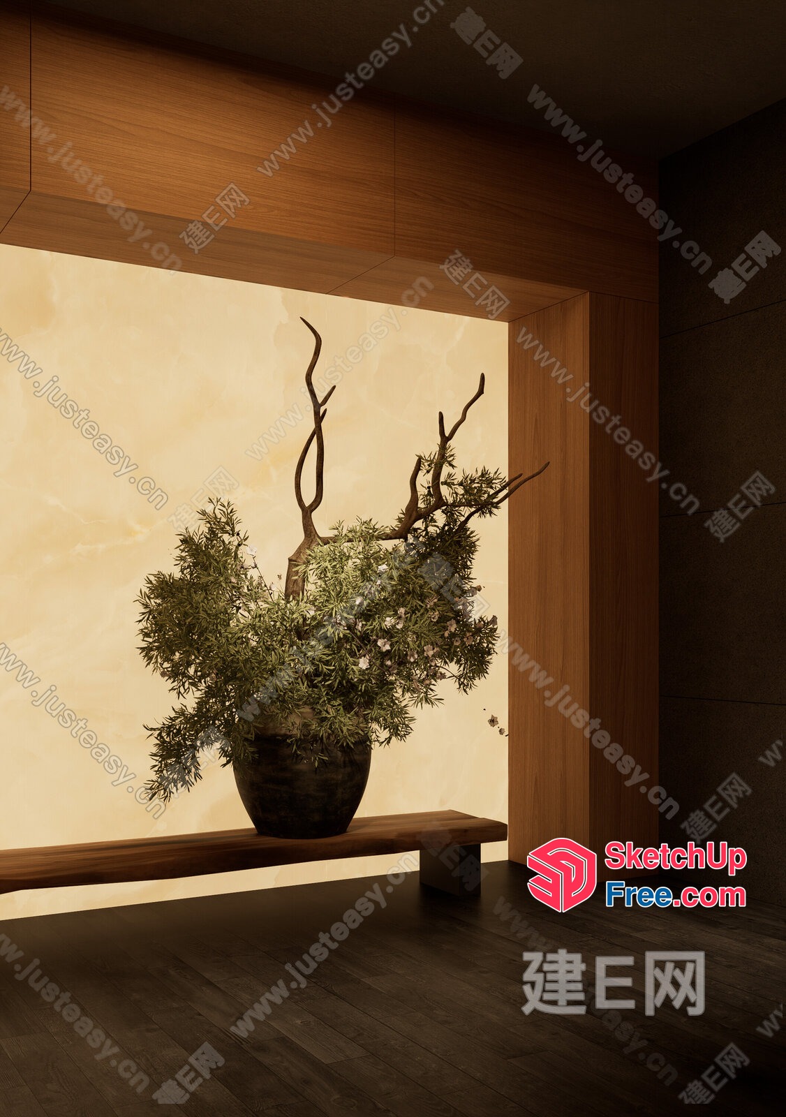 Aesthetic Japanese-Style Decor With A Large Plant 3D SketchUp File
