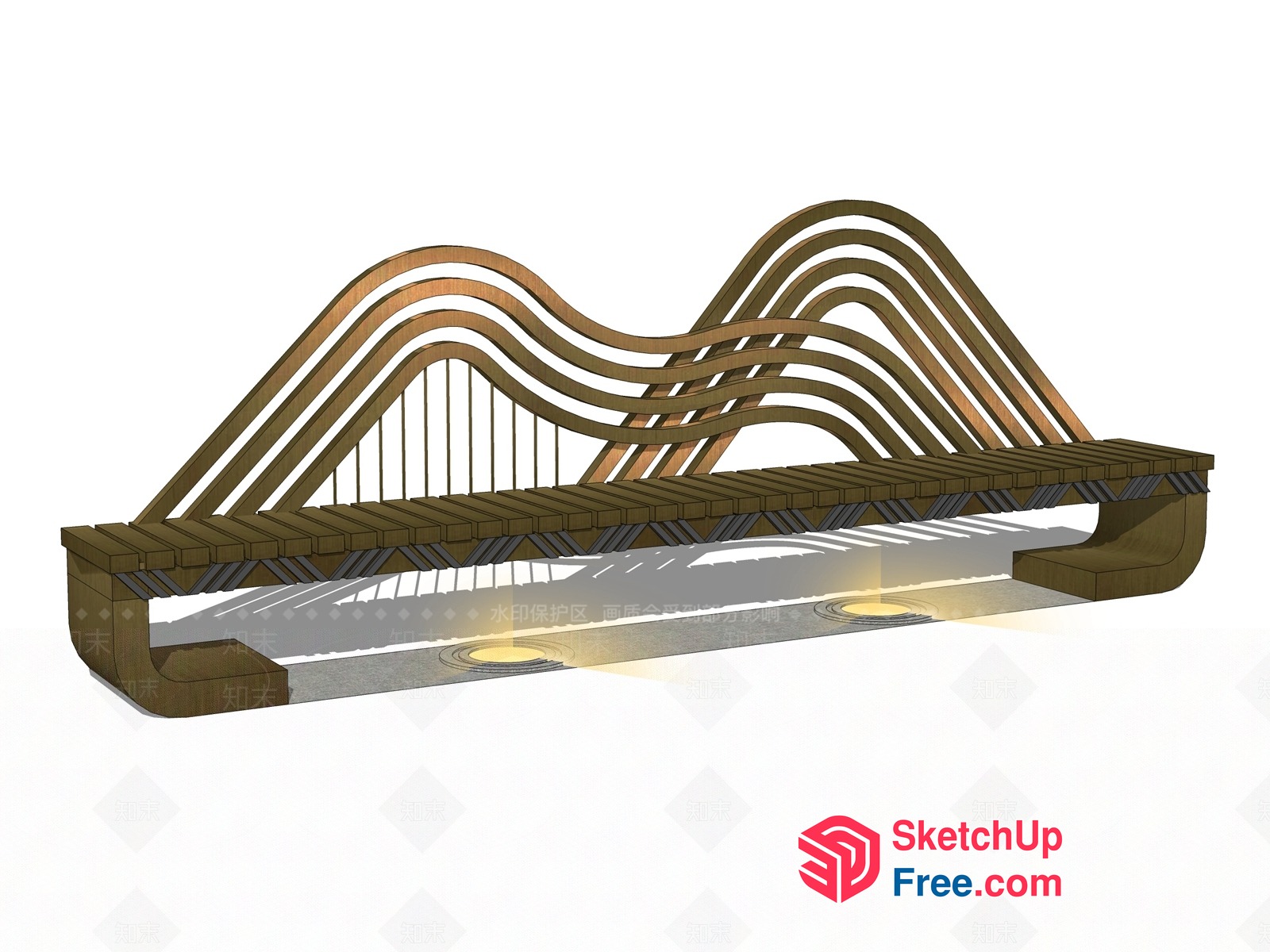 Elegant Wooden Bench With Wavy Backrest And Underlighting 3D SketchUp File