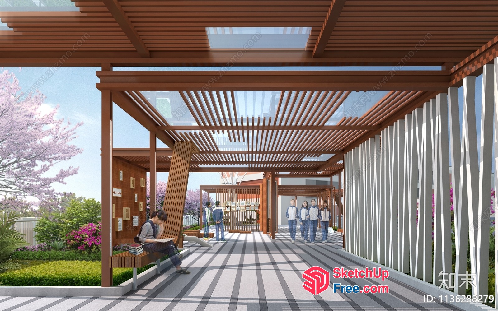 A Spacious Walkway With A Skyscraper View 3D SketchUp File