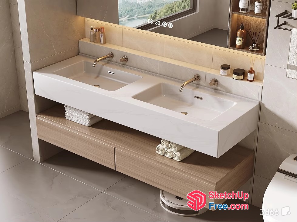 Modern Bathroom Vanity With Dual Sinks And Gold Faucets 3D SketchUp File