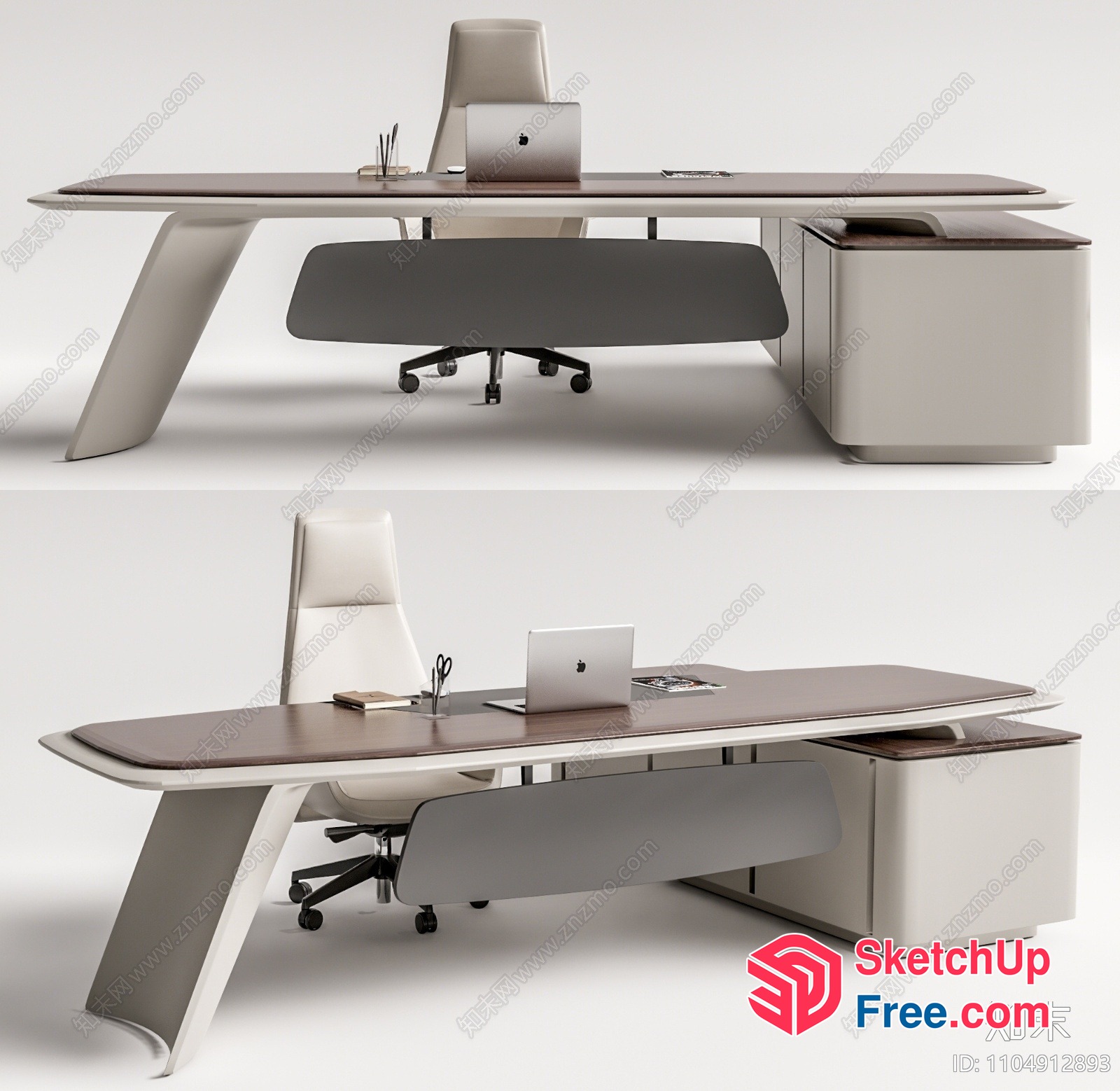 Modern Office Desk With White And Brown Wood 3D SketchUp File