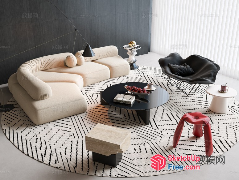 Modern Minimalist Living Room With Creamy Sofa And Black Accents 3D SketchUp File