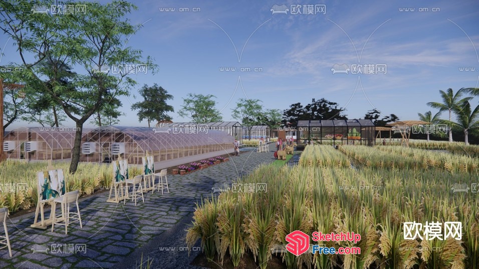 Exterior Scene With A Pathway, Greenery, And Buildings 3D SketchUp File