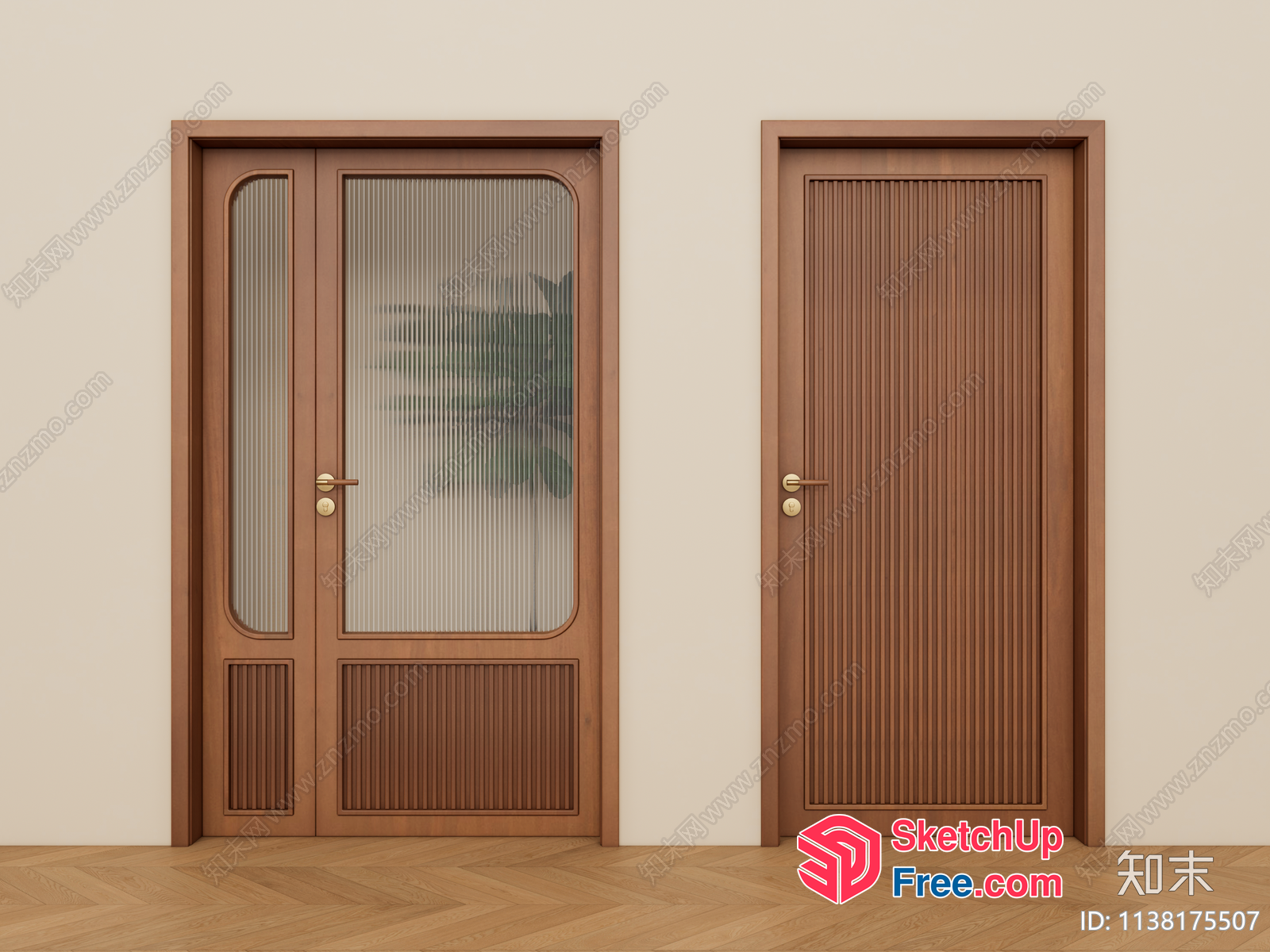Two Wooden Doors With Frosted Glass Panels And Brass Handles 3D SketchUp File