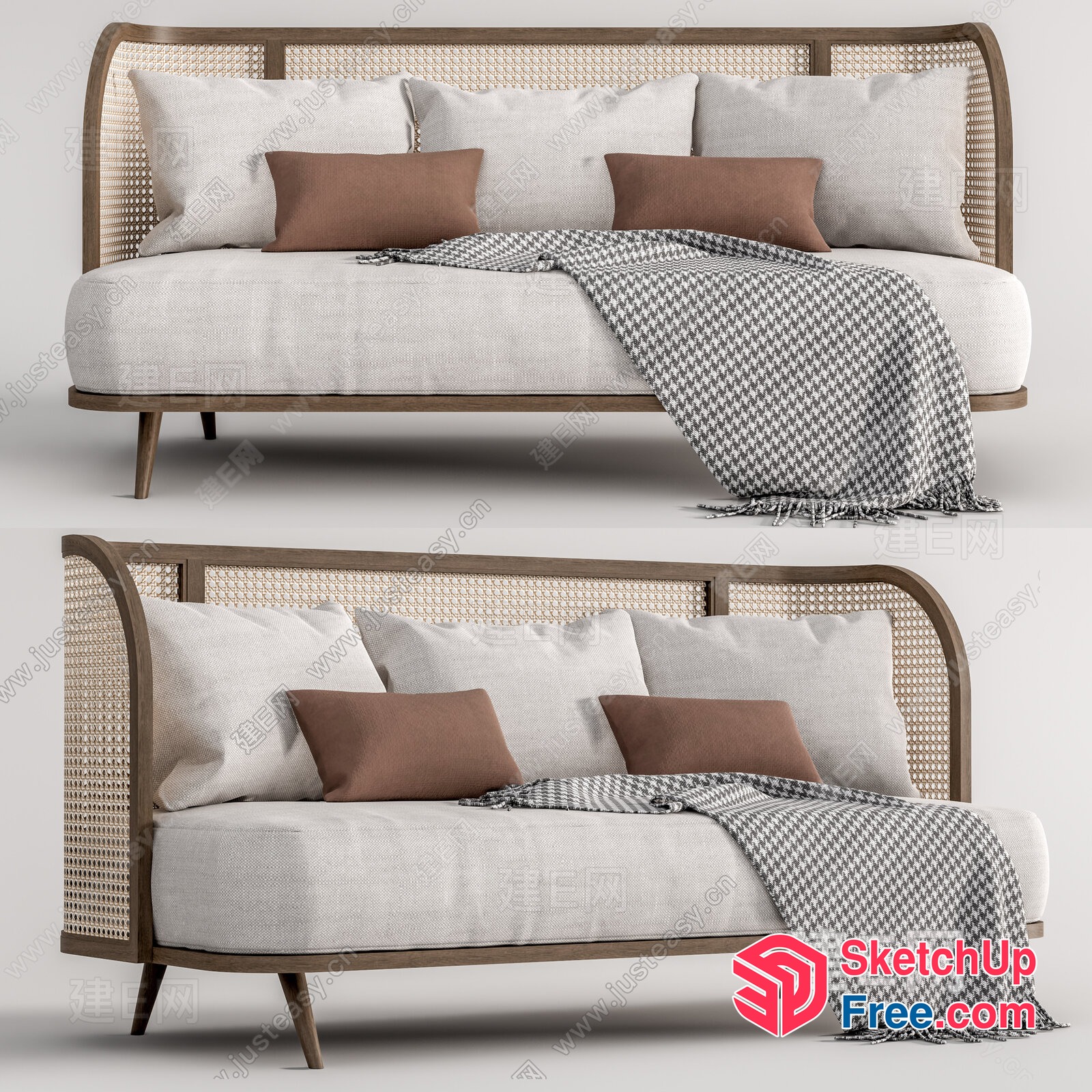 Modern Rattan Sofa With Pillows And Blanket 3D SketchUp File