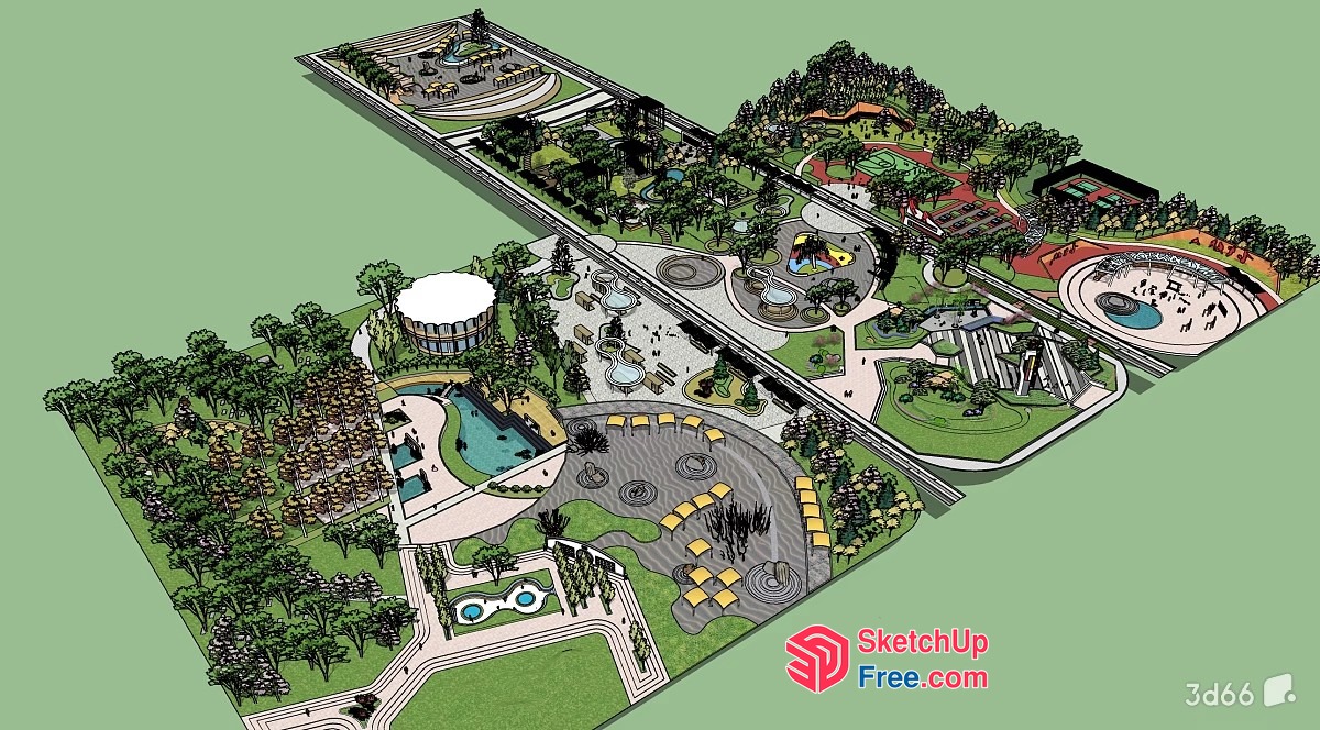 Park With Various Buildings And Trees 3D SketchUp File