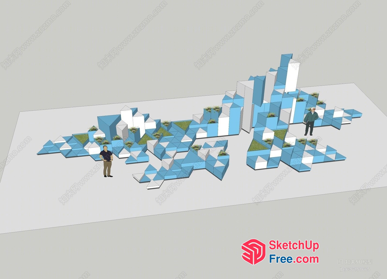 3D Geometric Building Blocks With Potted Plants And People 3D SketchUp File
