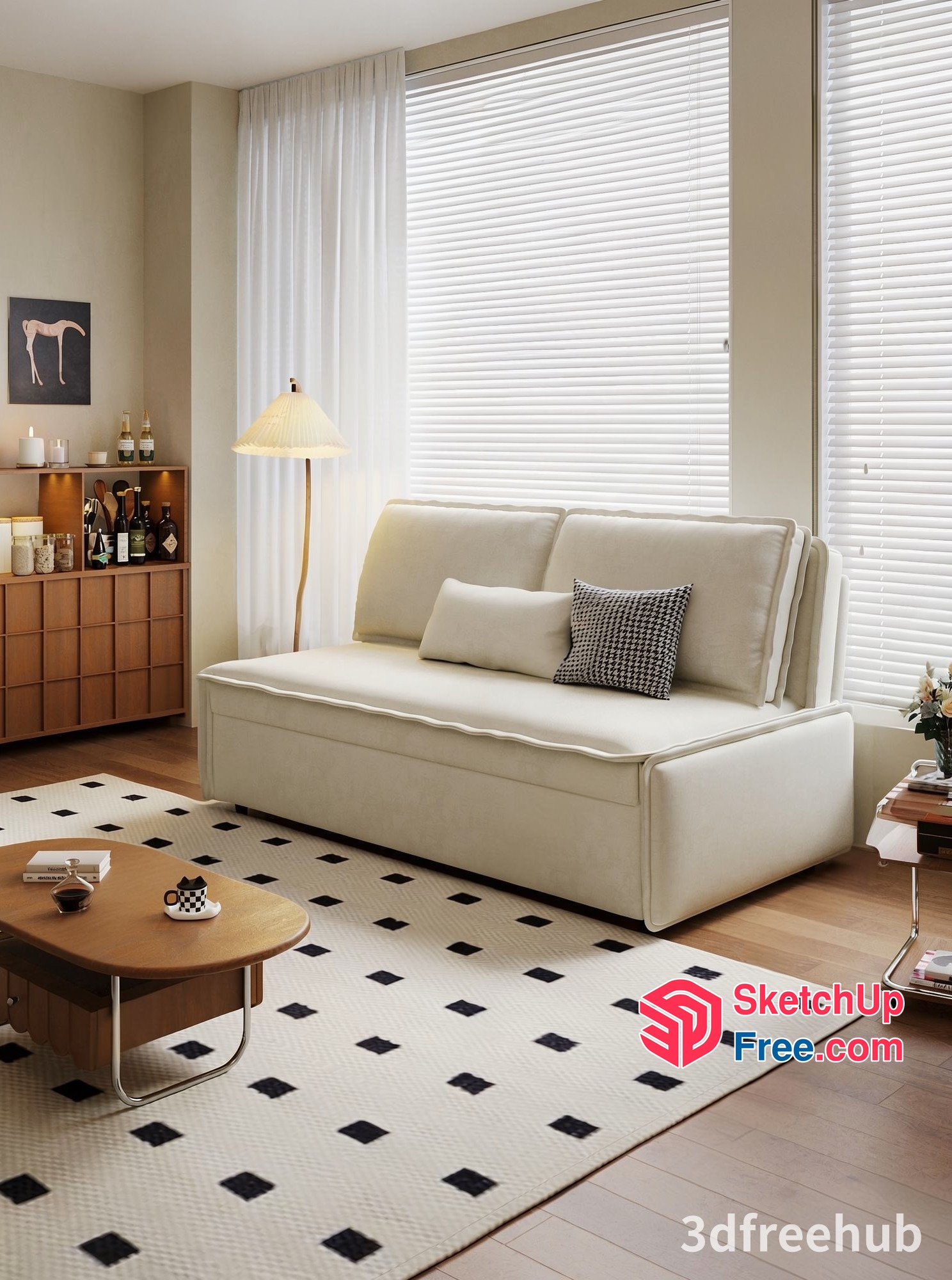 Elegant White Sofa With Pillows And Wooden Coffee Table 3D SketchUp File