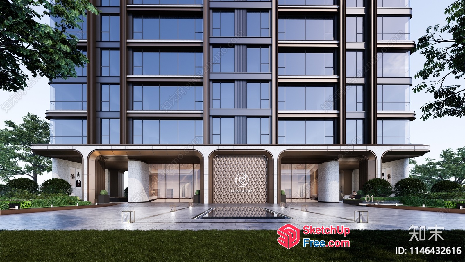 Modern High-Rise Building With Elegant Facade And Lush Surroundings 3D SketchUp File