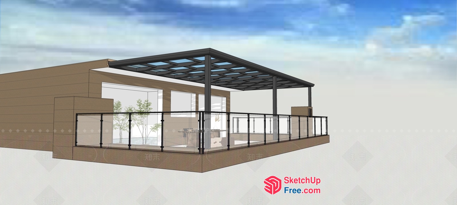 Modern Glass Railing Balcony With Roof 3D SketchUp File