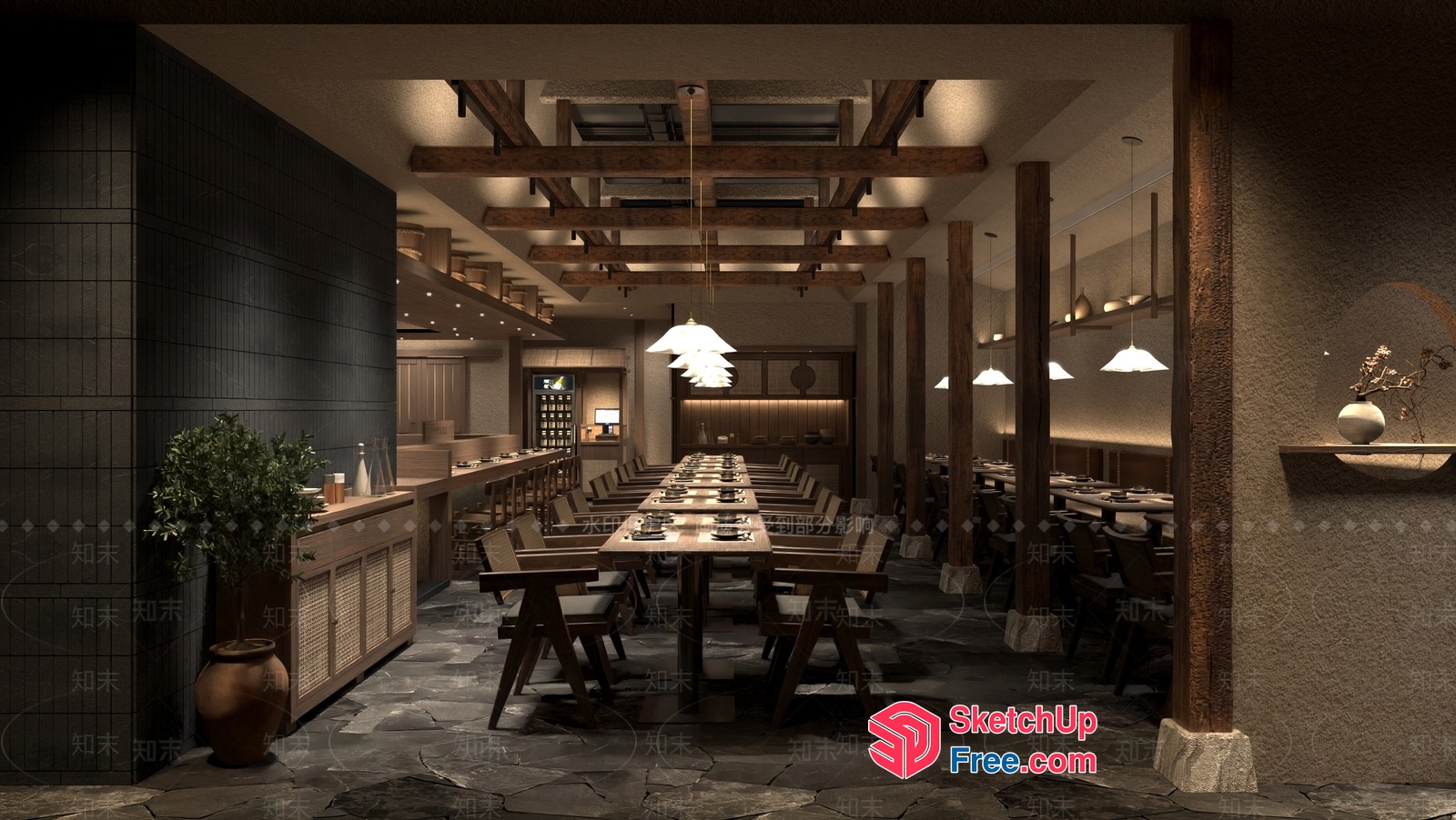 Elegant Dining Room With Long Tables And Hanging Lights 3D SketchUp File