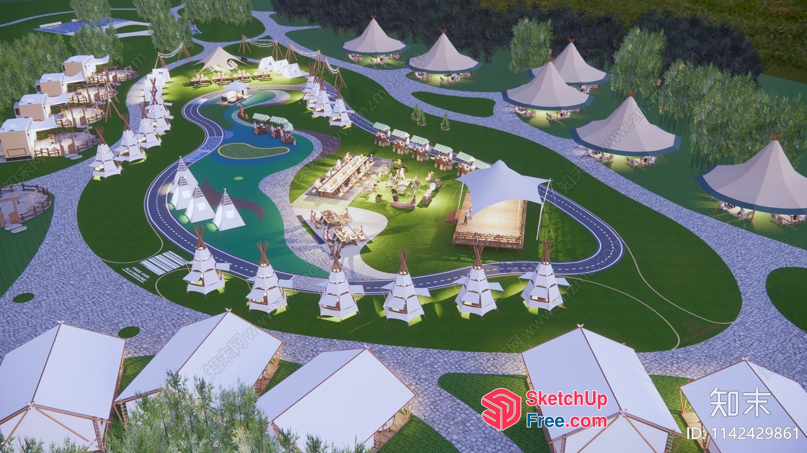 Luxurious Outdoor Resort With Teepees And Paved Pathways 3D SketchUp File