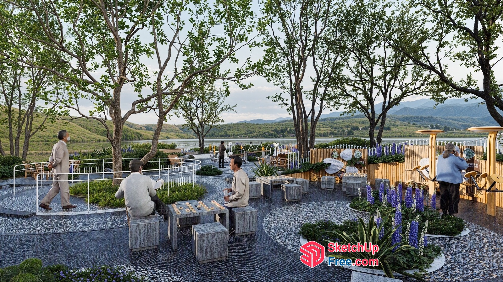 Outdoor Seating Area Overlooking A Serene Lake 3D SketchUp File
