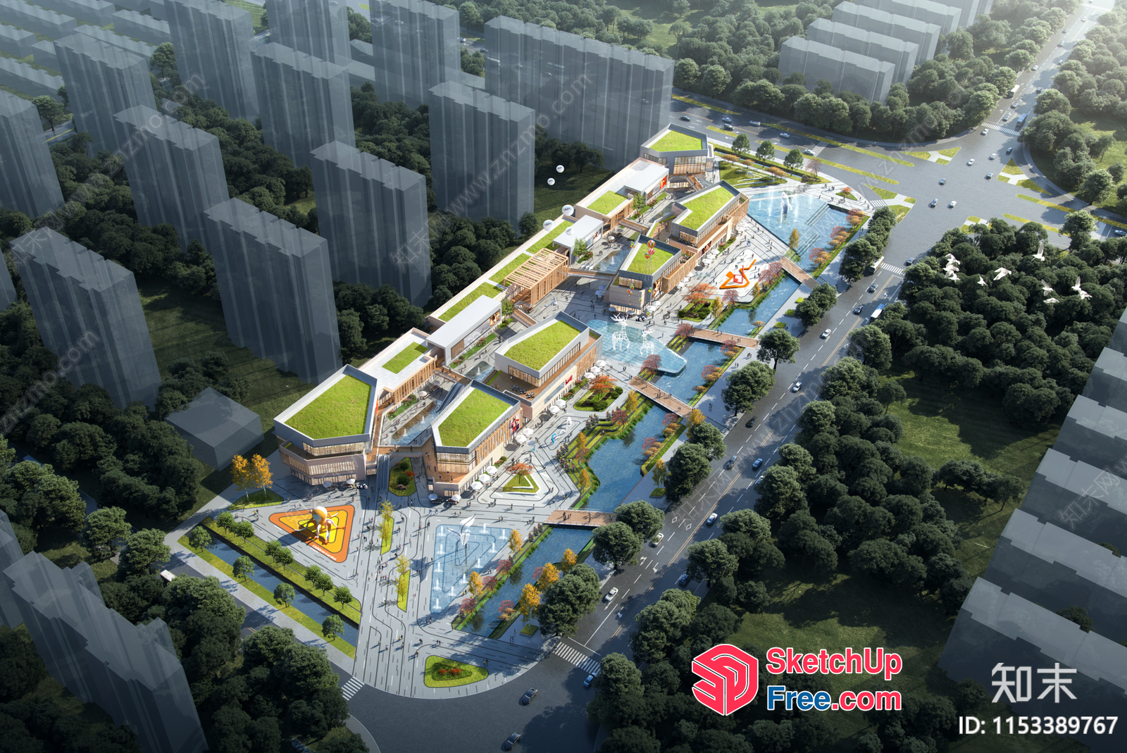 3D Rendering Of A Modern Commercial Complex With A Mix Of Buildings And Green Spaces 3D SketchUp File