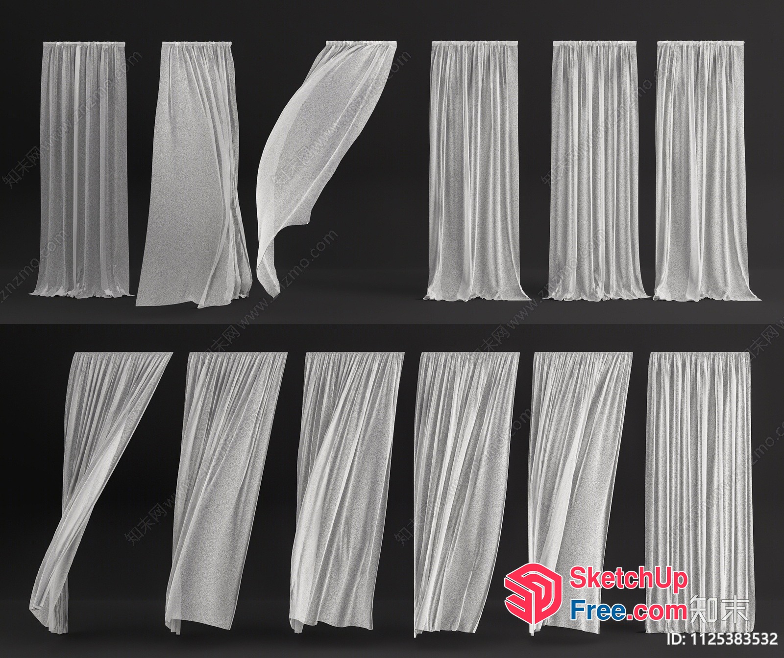 White Curtain Panels In Various Styles 3D SketchUp File