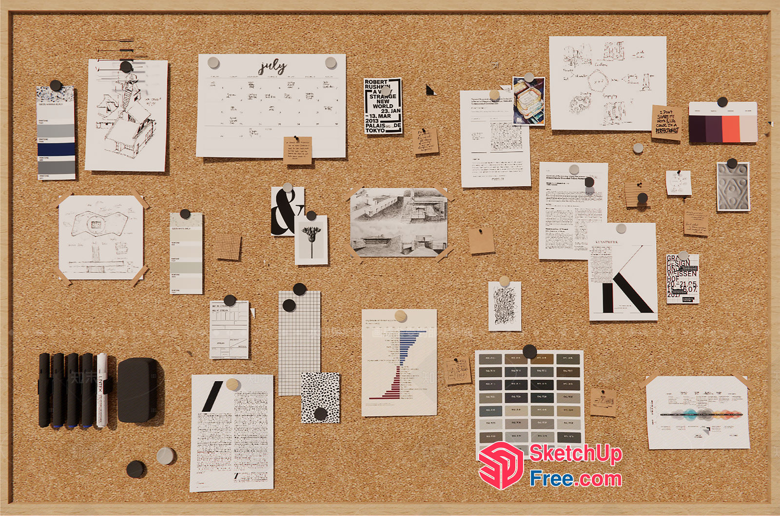 Architectural Plans And Designs On A Corkboard 3D SketchUp File