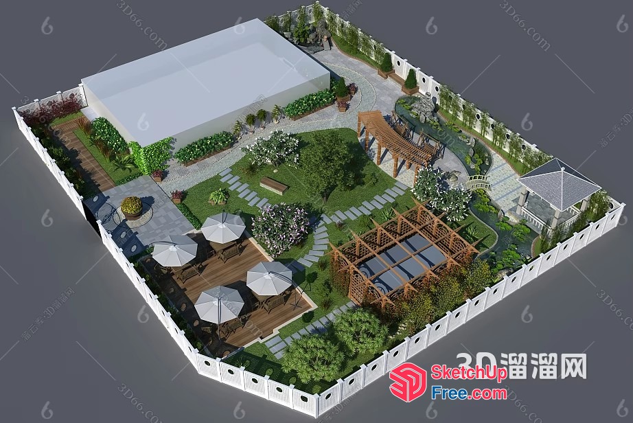 3D Model Of A Luxurious Outdoor Patio With A Pool And Gazebo 3D SketchUp File