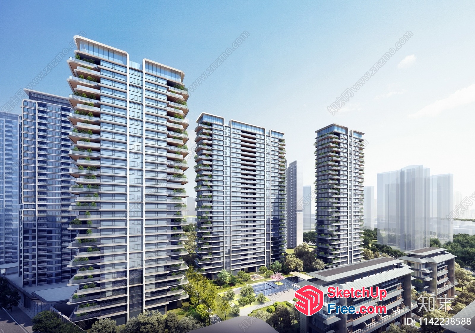 High-Rise Residential Buildings With Balconies And Greenery 3D SketchUp File