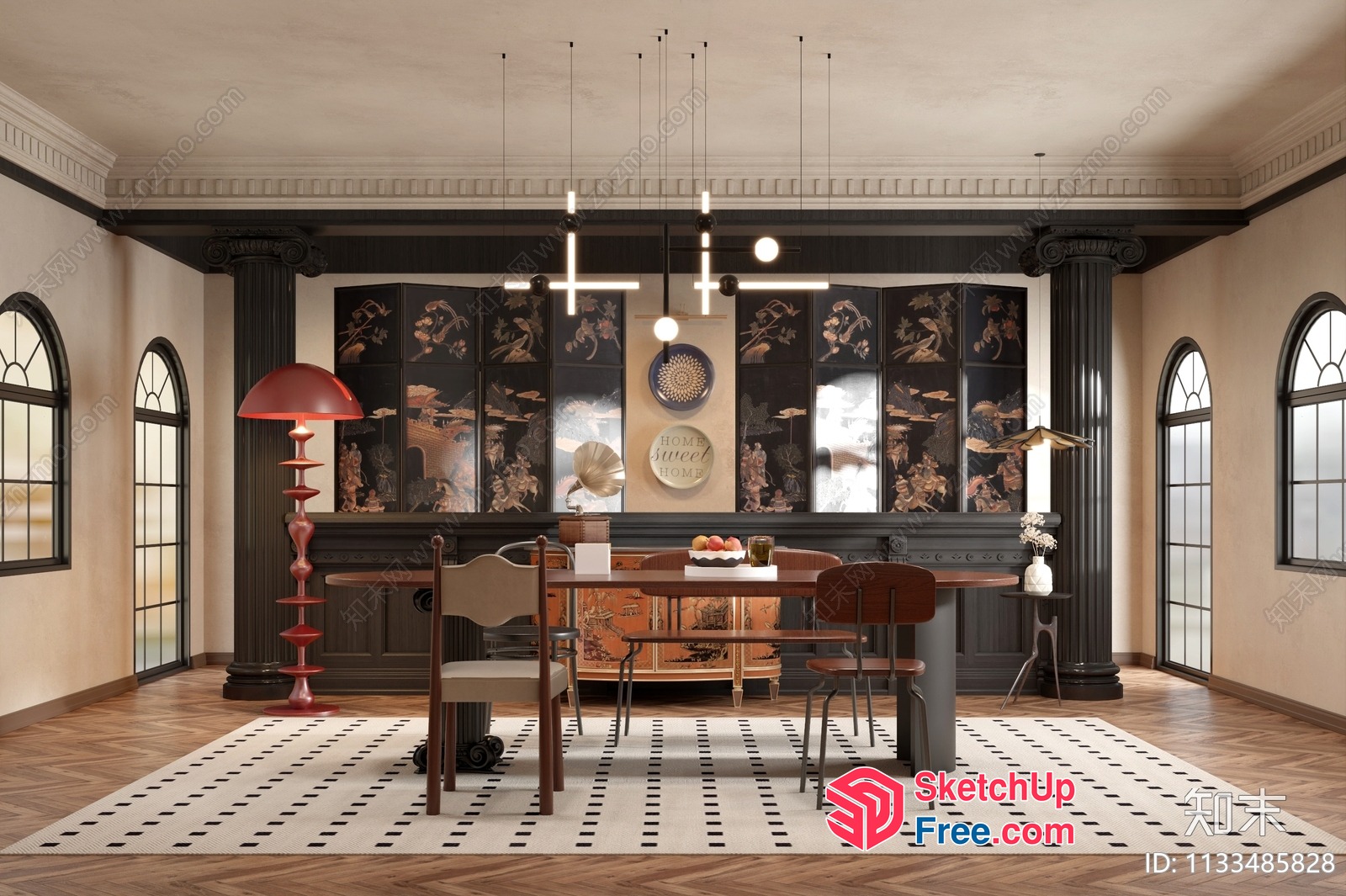 Elegant Dining Room With Pillars And Japanese Decor 3D SketchUp File