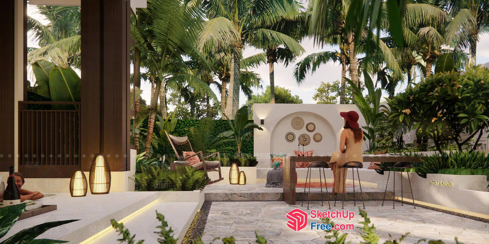 Tropical Outdoor Seating Area With Elegant Lighting 3D SketchUp File