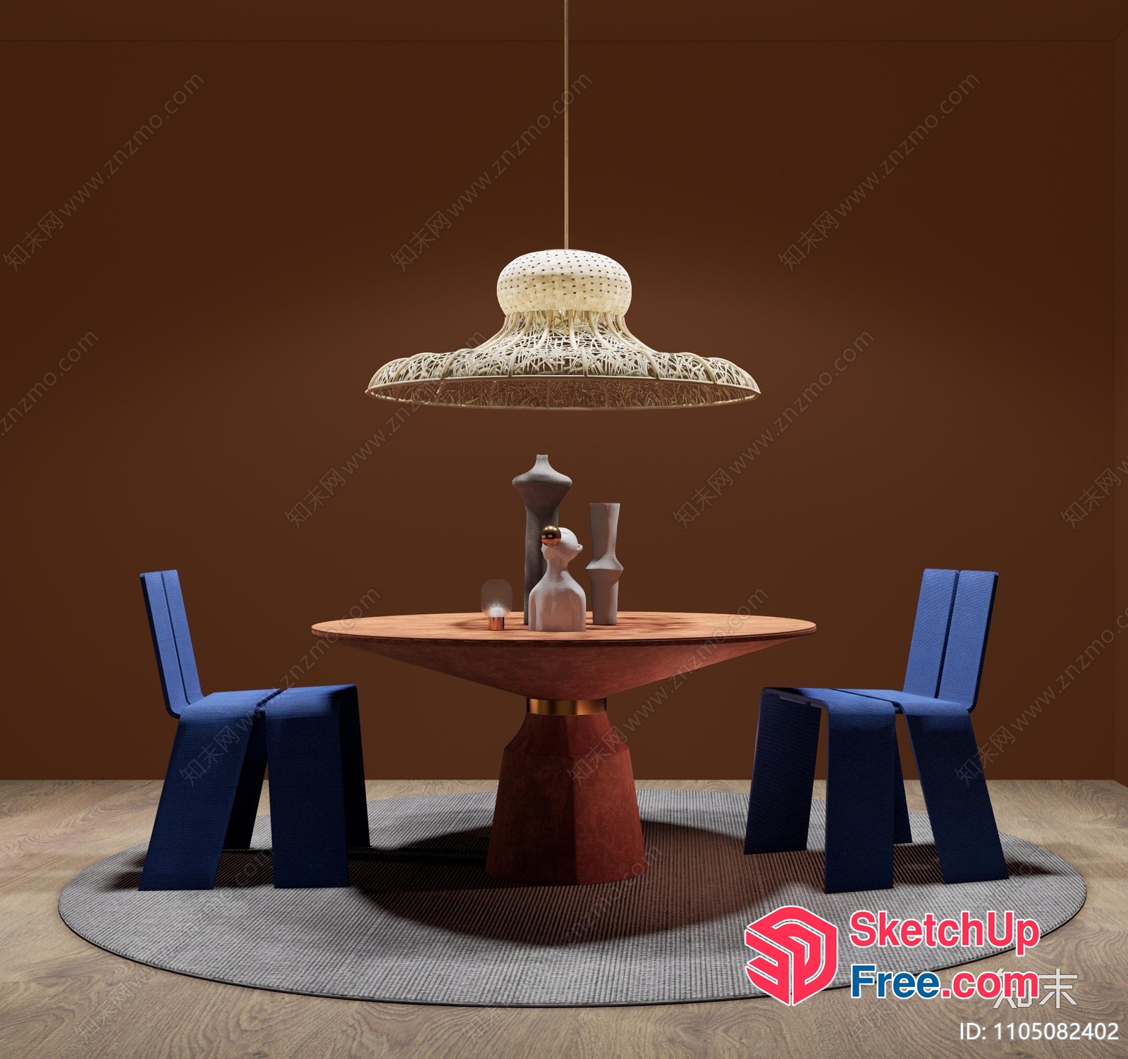 Modern Dining Room With Round Table And Blue Chairs 3D SketchUp File