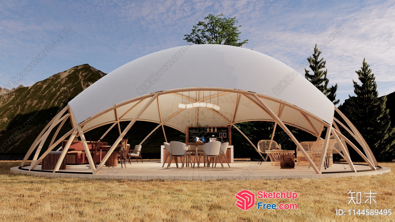 Modern Geodesic Dome Outdoor Dining Space 3D SketchUp File