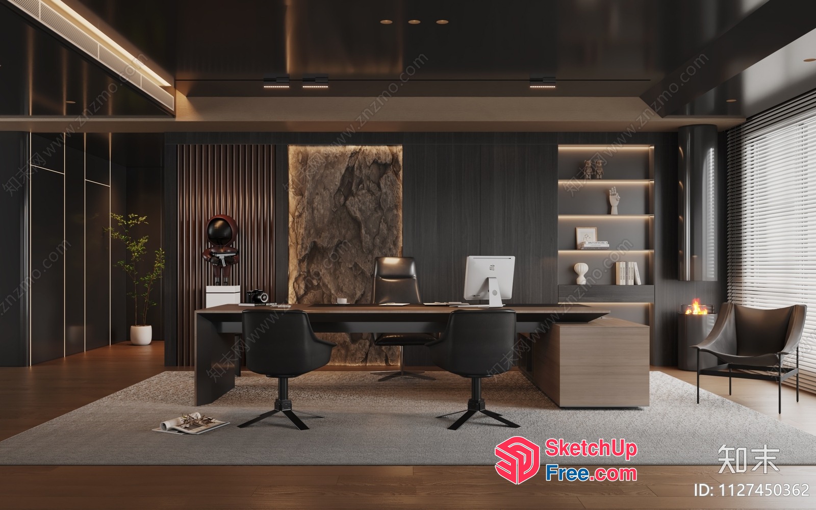 Modern Office Space With Natural Stone Accent Wall 3D SketchUp File