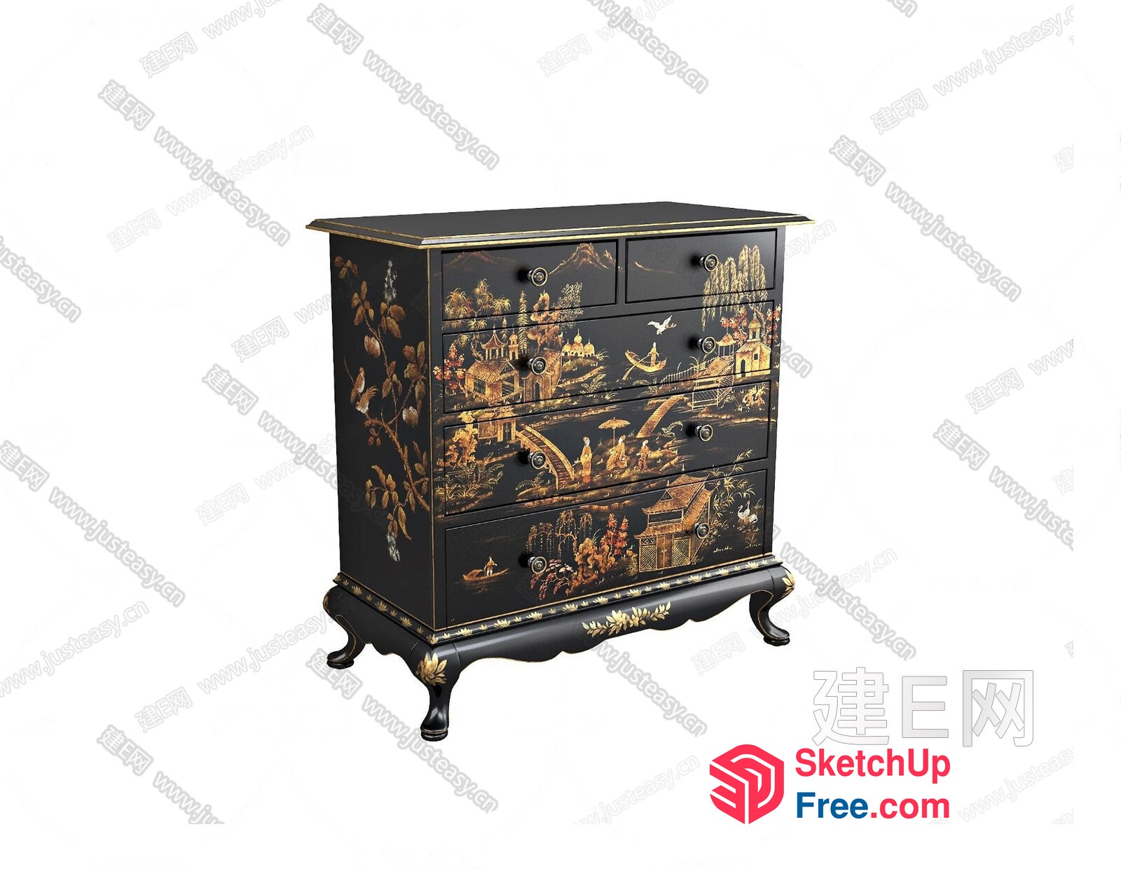 Oriental-Inspired Black And Gold Decorative Dresser 3D SketchUp File