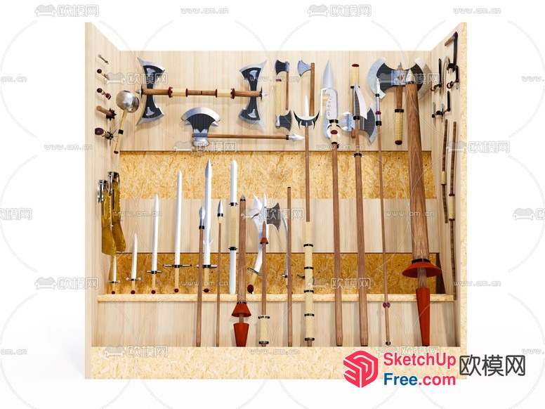 Array Of Weapons In Wooden Display Case 3D SketchUp File
