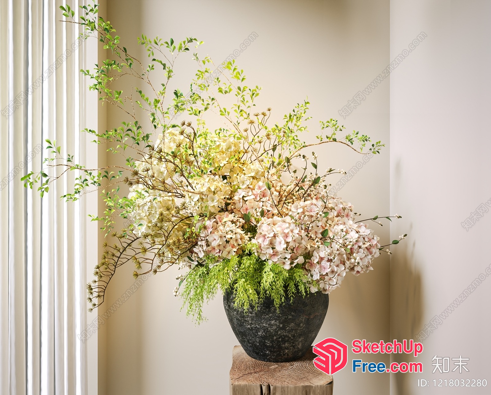 Elegant Flower Arrangement In A Distressed Black Vase 3D SketchUp File