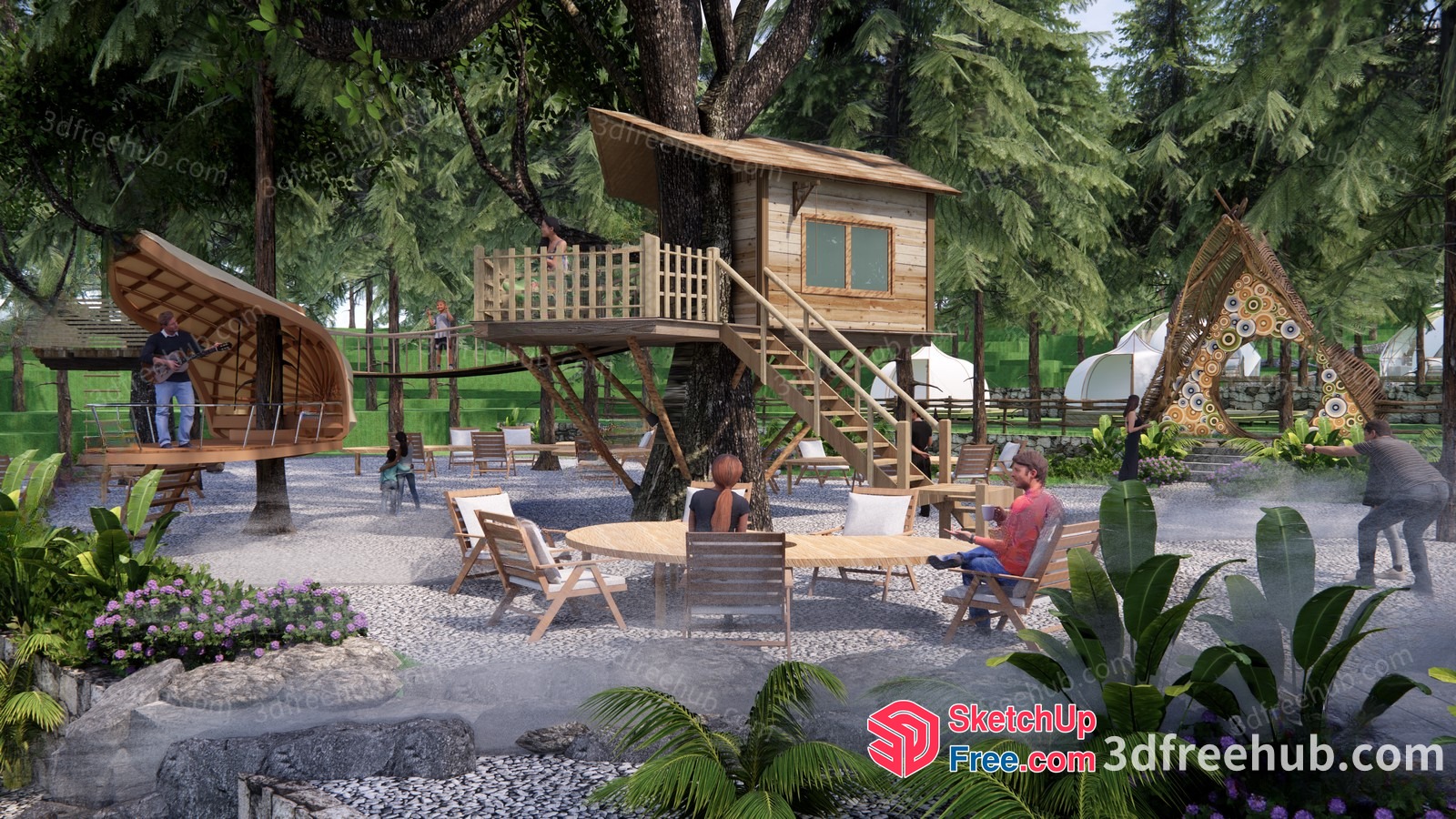 Outdoor Living Space With Treehouse And Relaxation Area 3D SketchUp File