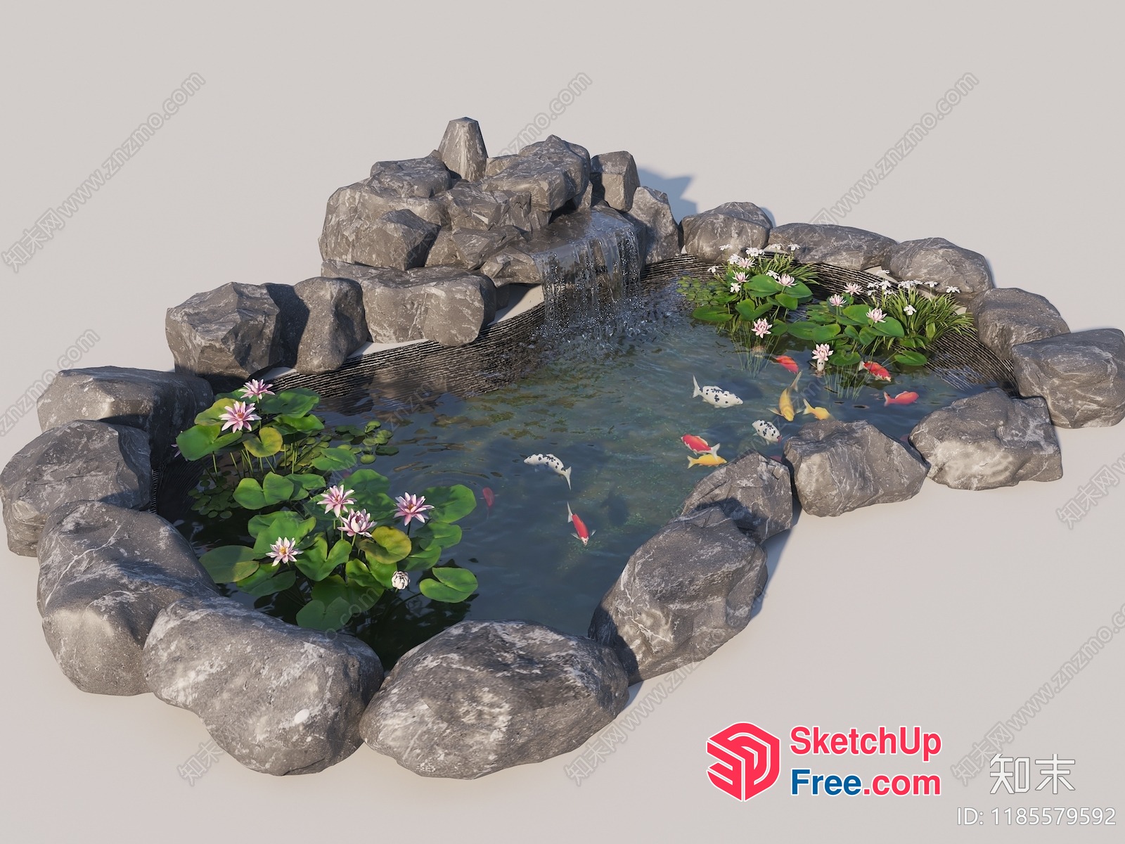 Serene Koi Pond With Waterfall And Lush Surroundings 3D SketchUp File