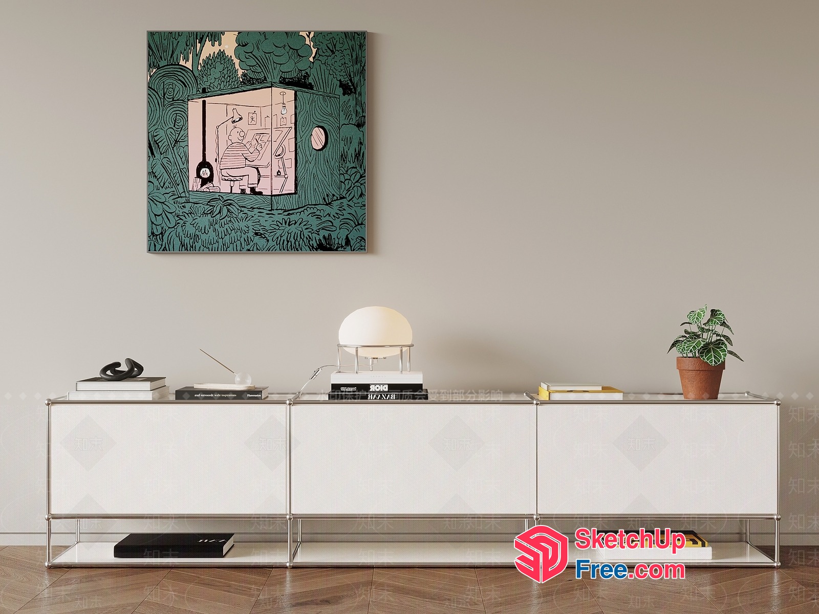 Minimalist White Sideboard With Artistic Painting 3D SketchUp File