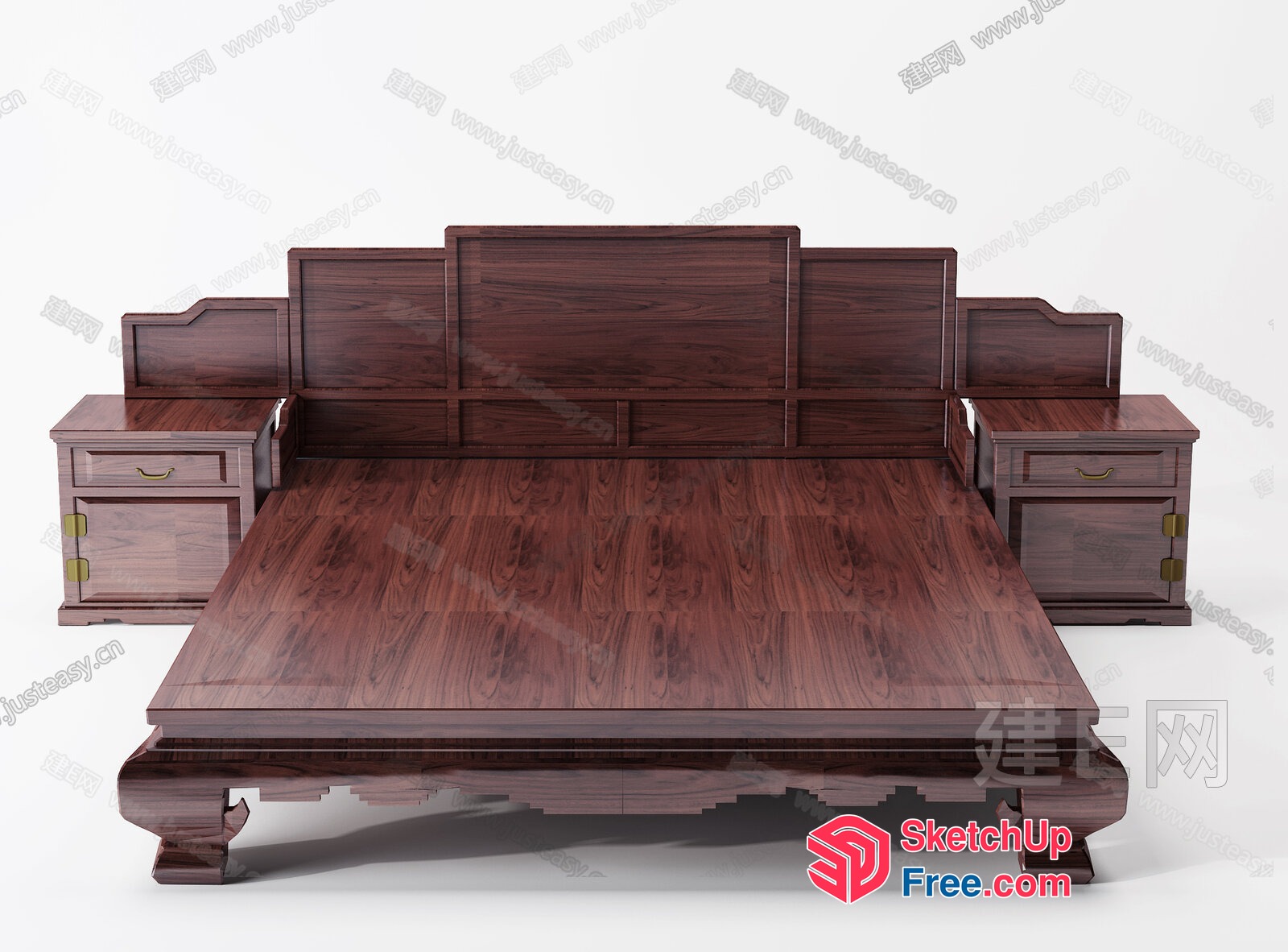 Elegant Dark Wood Bed And Nightstands 3D SketchUp File
