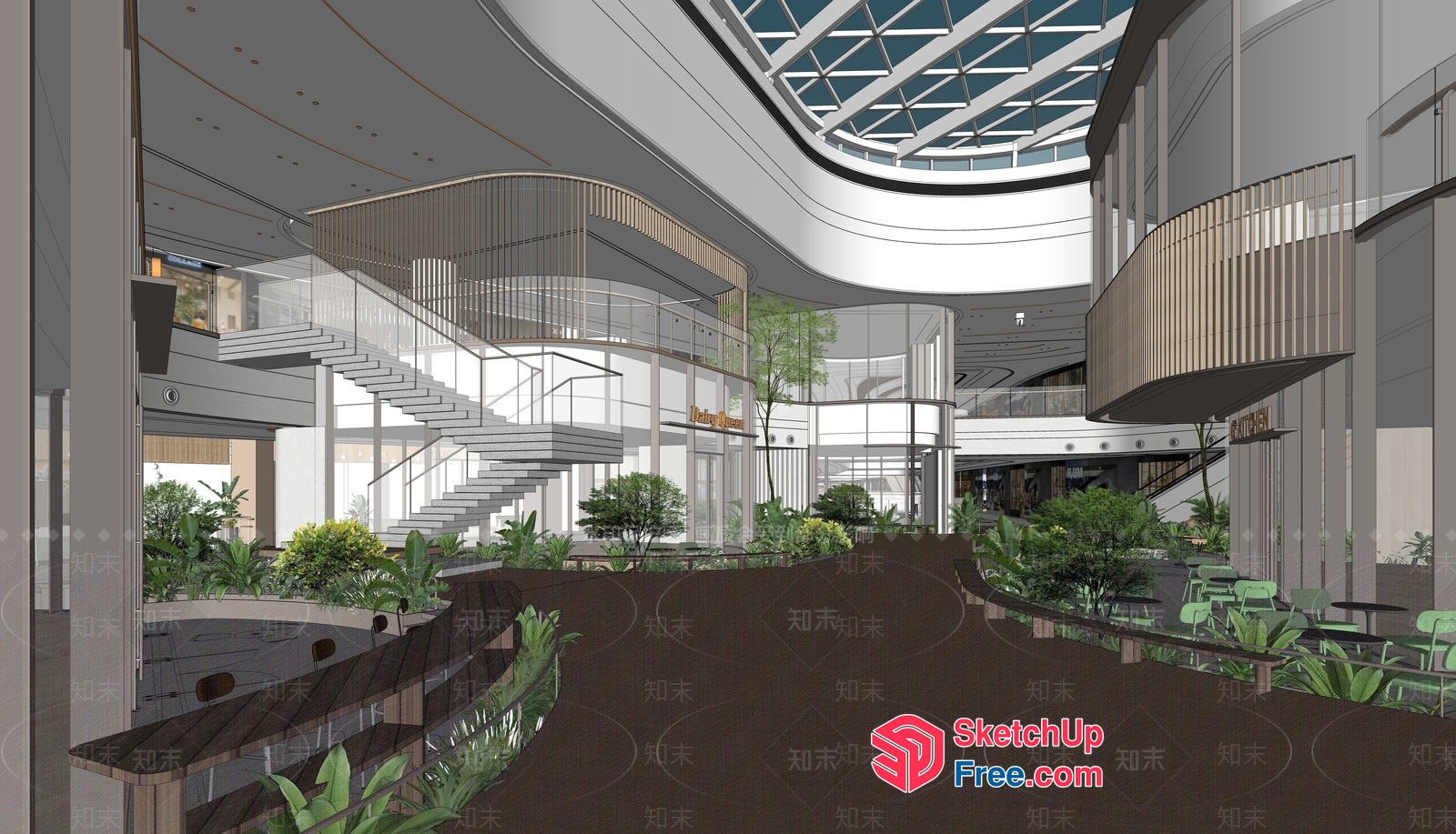 Modern Office Building With Staircase And Glass Roof 3D SketchUp File