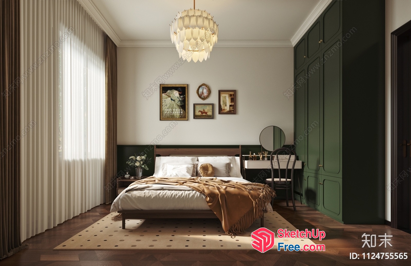 Elegant Bedroom With White Bed And Green Wardrobe 3D SketchUp File