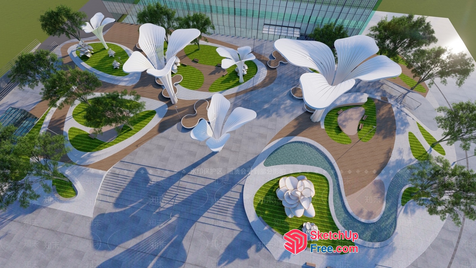 Modern Park Design With Unique Sculptures And Water Features 3D SketchUp File