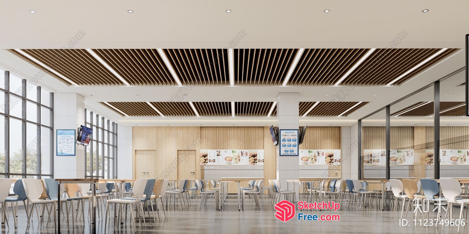 Modern Restaurant Interior With Large Windows And Wooden Ceiling 3D SketchUp File