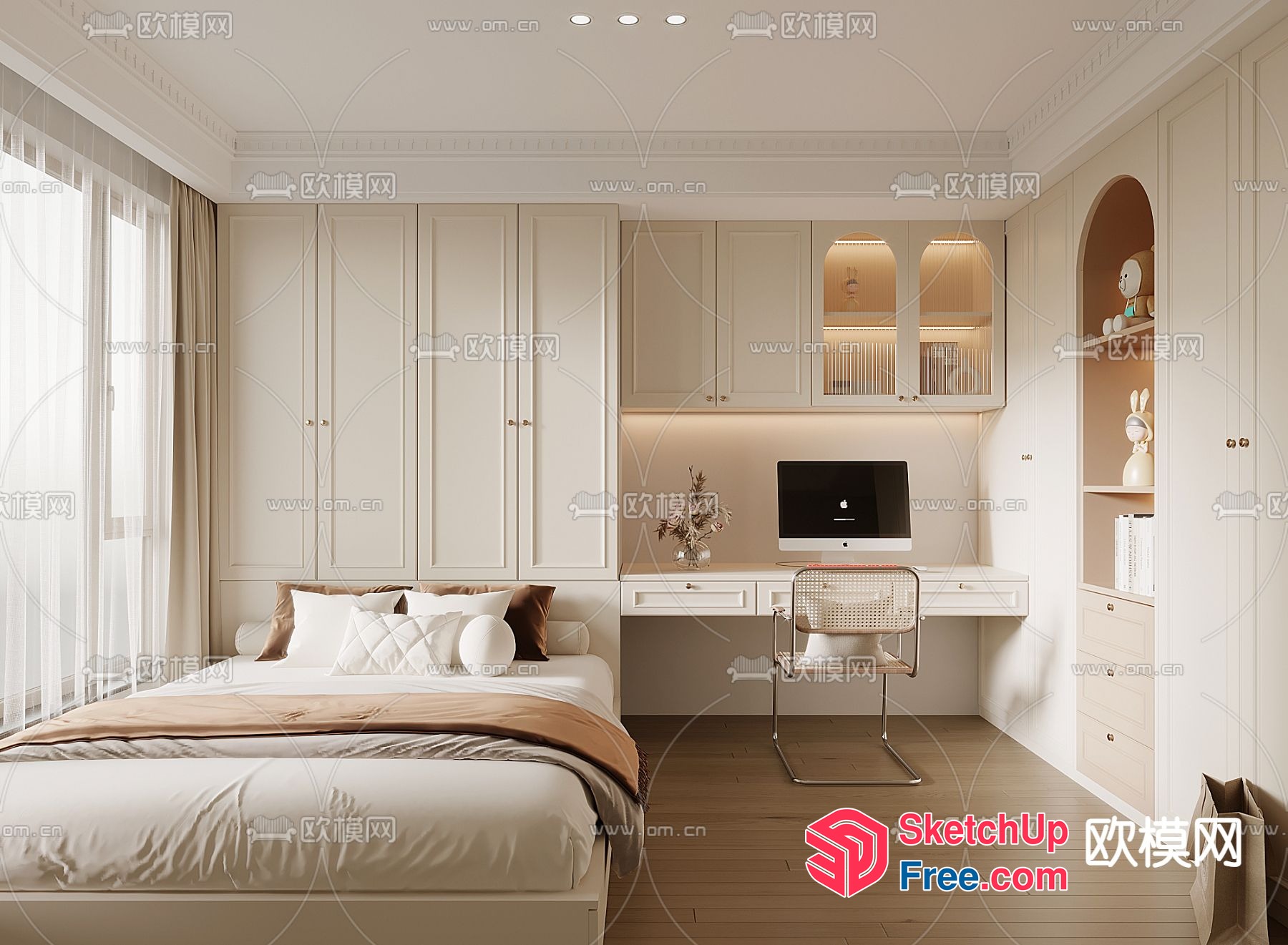Elegant Creamy Style Bedroom With Built-In Desk And Storage 3D SketchUp File