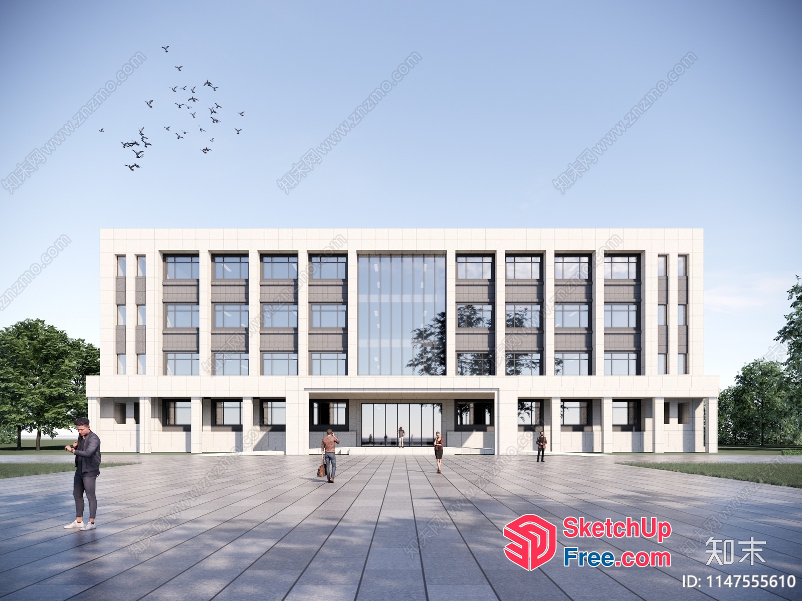 Large Modern Office Building With Glass Curtain Wall 3D SketchUp File