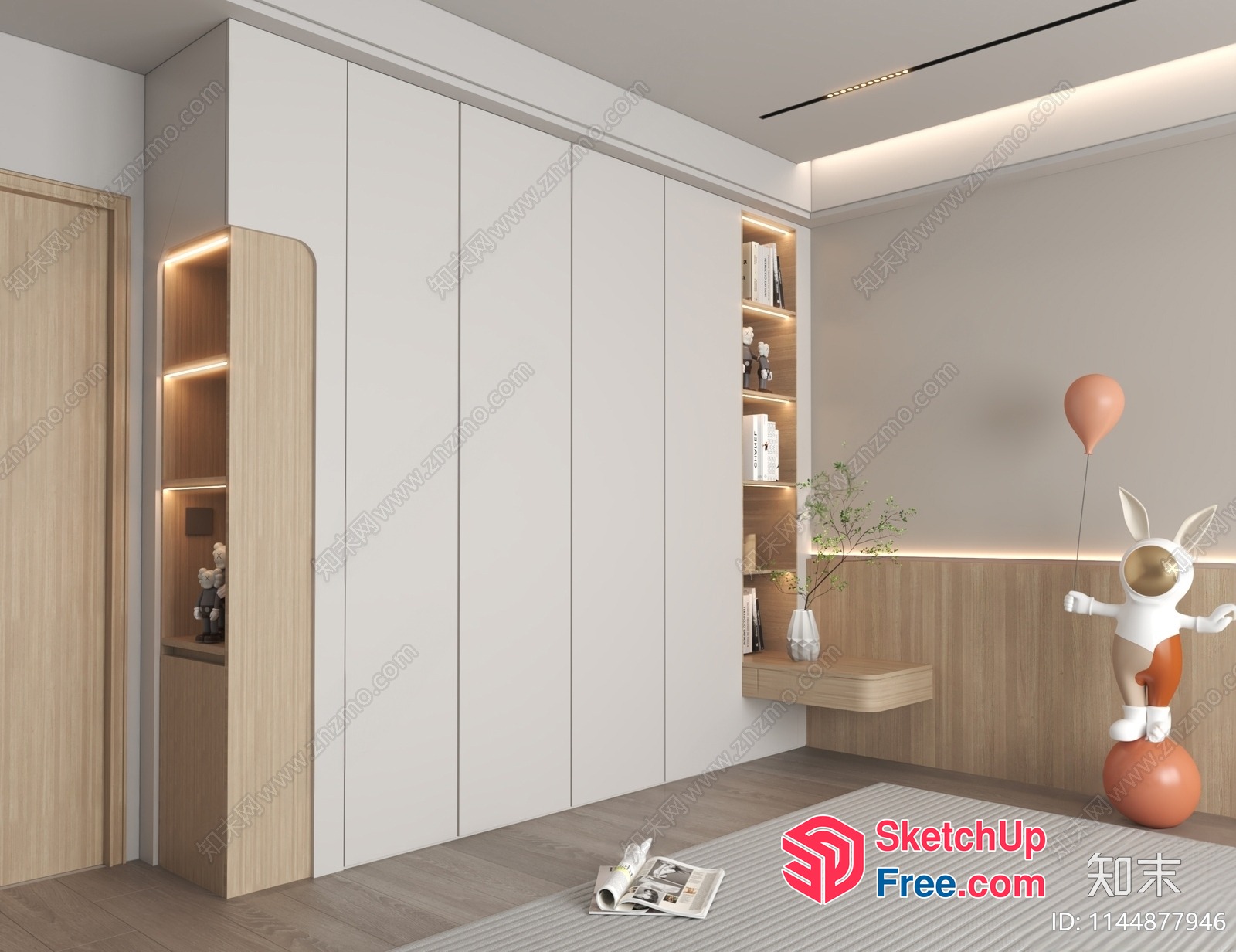 Modern Minimalist Bedroom With White And Wood Accents 3D SketchUp File
