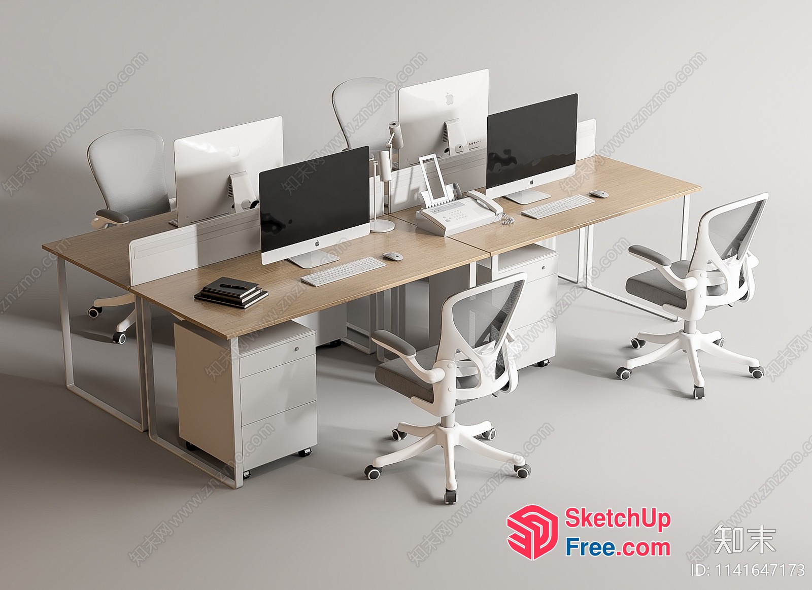 Modern Office Space With Wooden Desks And White Office Chairs 3D SketchUp File