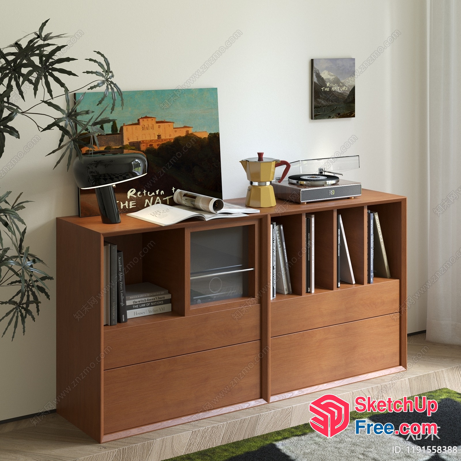Modern Wooden Record Player And Bookcase Combination 3D SketchUp File